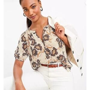 Loft Henley Floral Brown Puff Short Sleeve Blouse Women Sz M